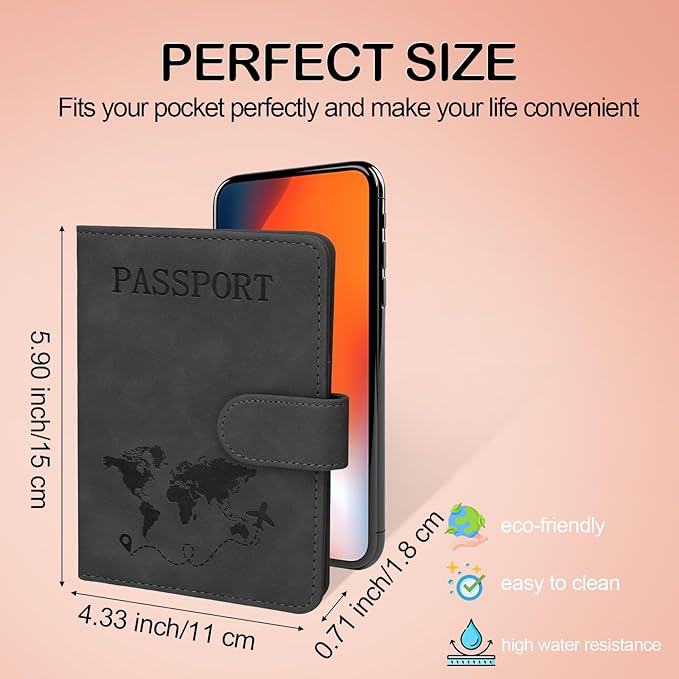 Passport Holders, RFID Blocking Credit Card Holder, PU Leather Vaccine Card Holders for Travel with Magnetic Buckle, Travel Must Haves Cruise Ship Essentials for Men, Women (Black)