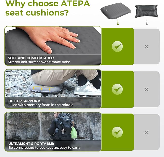 ATEPA Inflatable Stadium Seat Cushion, Self-Inflating Memory Foam Stadium Seats Bleacher Seat Chair Cushion Pad for Airplane Travel Backpacking Sports Events