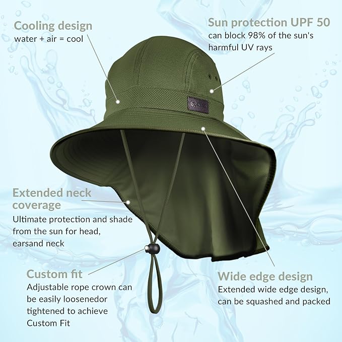 Sukeen Cooling Sun Hat for Men Women UPF50+ Wide Brim Fishing Hat with Neck Flap Adjustable Foldable Bucket Hat for Hiking