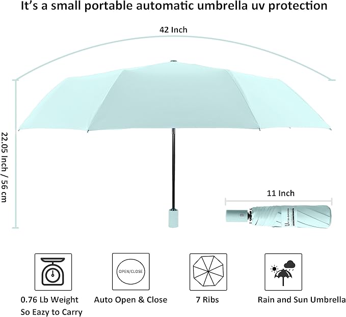 BAODINI Small UV Protection Travel Umbrella Compact for Rain and Sun UPF 50+ 41 inch Portable Umbrella for Women and Men