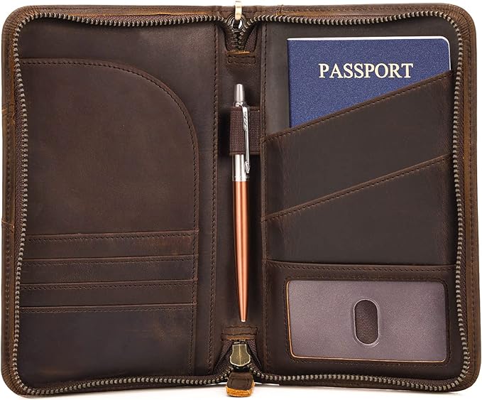 Polare Full Grain Leather Passport Holder With YKK Zipper RFID Blocking Travel Document Organizer Ticket Holder Cover Case Holds 2 Passports (Dark Brown)