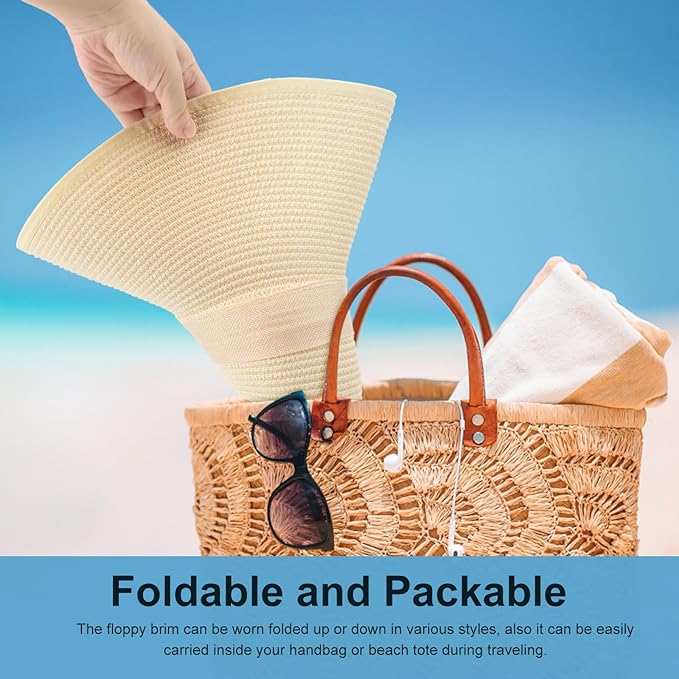 DRESHOW Beach Hats for Women Big Straw Wide Brim Summer Hat Floppy Foldable Roll up Cap Sun Hat UPF 50+