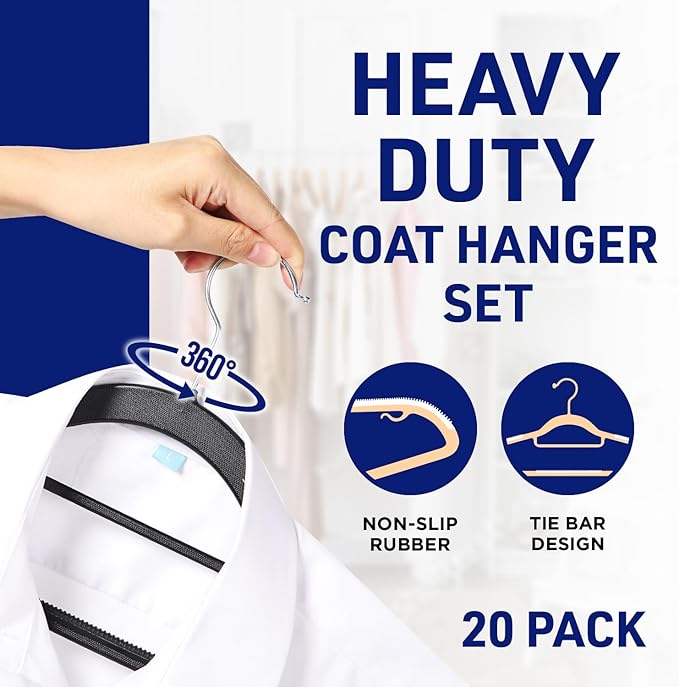 Lifemaster Versatile Clothes Hanger Set - 20 Pieces Space-Saving Dry and Wet Clothes Hanger Set with 360° Swivel Hook and Non-Slip Rubber Design - Black