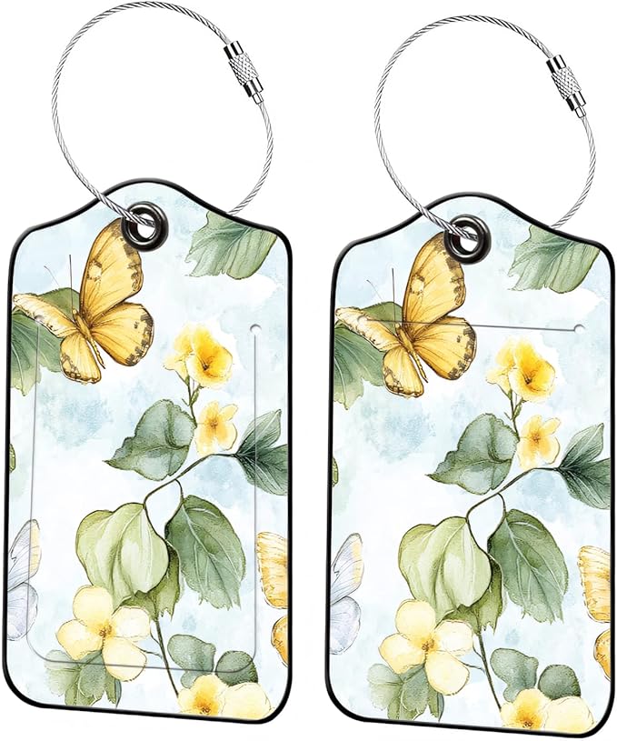 Luggage Tags for Suitcases, 2-Pack PU Leather for Cruise & Travel, Baggage ID Tags with Privacy Cover & Address Card, Durable Metal Ring, Kids Adults Travel Accessories, Watercolor Flutter