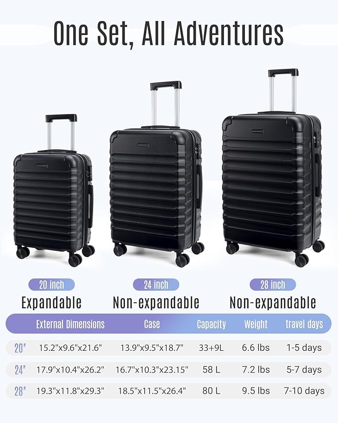 LIGHT FLIGHT Luggage Sets, 3 Piece Durable Suitcase Set with Spinner Wheels, 3 Pcs Hardside Lightweight luggage with TSA Lock, Large Checked Travel Suitcases, 20/24/28 Inch, Black