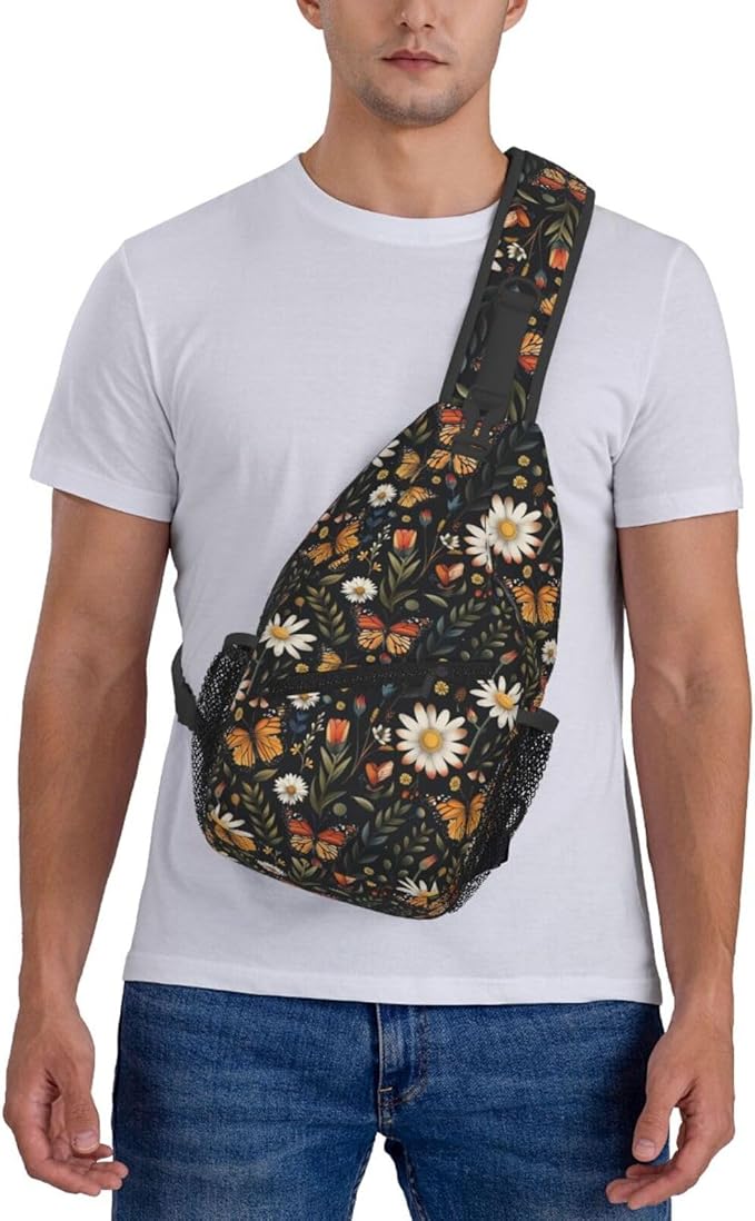 SUPLUCHOM Sling Bag Vintage Butterfly Daisy Leaf Hiking Daypack Crossbody Shoulder Backpack Travel Chest Pack for Men Women