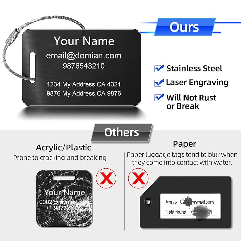 Stainless Steel Personalized Luggage Tags for Suitcases - Custom Name ID Travel Tags for Luggage, Backpacks and Bags - Metal Travel Essentials Accessories for Kids, Women and Men - Bulk Set (2 Pack)