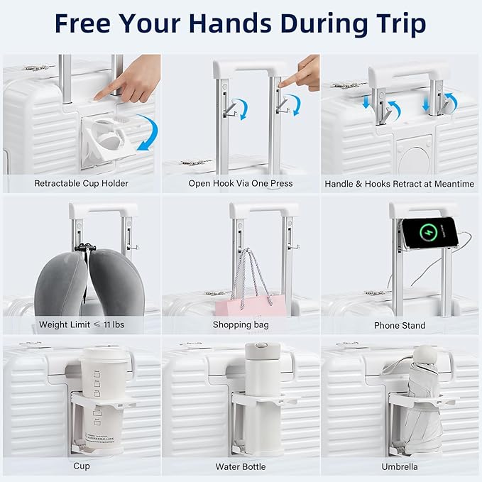 Hard Shell Suitcases Expandable Travel Luggage Sets 3 Piece, Carry on and Check in 3 Piece Luggage Suitcase Sets with Spinner Wheels Cup Holder Charger Built in (White, 20/24/28)