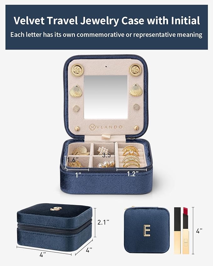 Vlando Teacher Must Haves, Personalized Initial Jewelry Case, Back to School Gift, Teacher Appreciation Gift, Travel Jewelry Case with Initial - Letter E, Dark Blue