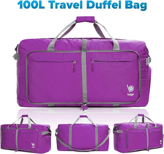 Bago Large Foldable Duffel Bags for Traveling Women & Men - 100L Packable Duffle Bag for Travel with Shoe Compartment - Water Repellant, Heavy Duty, Lightweight Folding & Collapsible (Purple)