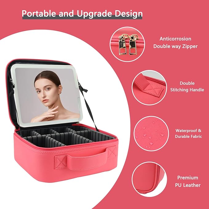 Makeup Bag with Led Mirror,Travel Makeup Organizer with 3 Color Setting, Portable Storage and Adjustable Dividers Travel Makeup Bag(light red)