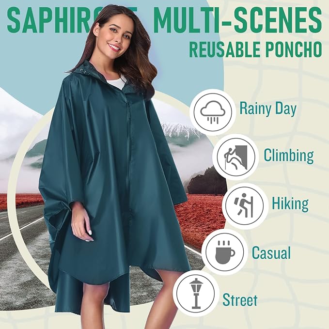 SaphiRose Unisex Rain Poncho Raincoat Hooded for Adults Women with Pockets