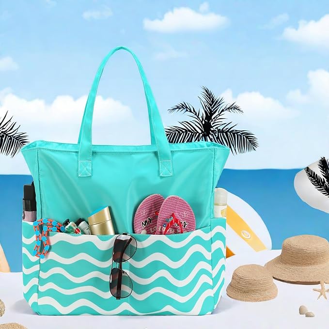 LEDAOU Beach Bag Waterproof Sandproof Women Tote Bag Pool Bag with Zipper for Gym Grocery Travel with Wet Pocket