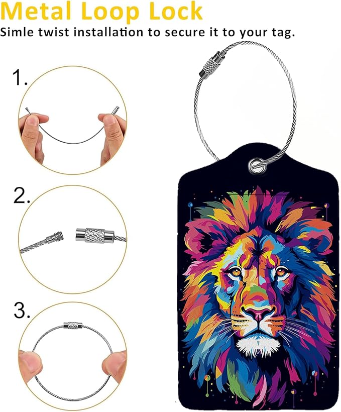 Rainbow Lion Head 2 Pack Luggage Tag for Suitcase, Leather Bag Tags Identifiers Privacy Cover ID Label with Steel Loop for Women Men Kids Girls Travel