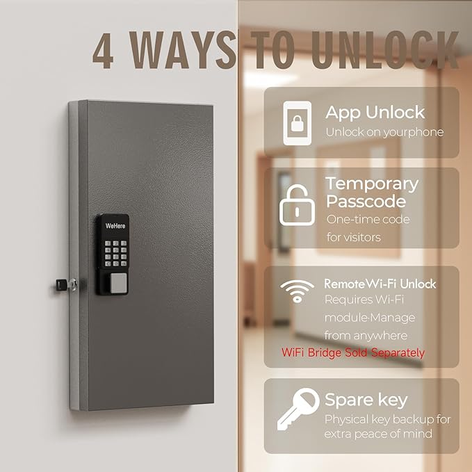 WeHere 48 Key Lock Box Wall Mount, APP Bluetooth/OTP/Wi-Fi/Fixed Code/Key Unlock, Smart Key Cabinet with Key Tag, Key Organizer Holder Box, Key Management Directory for Office, Valet, Realtor, Hotel