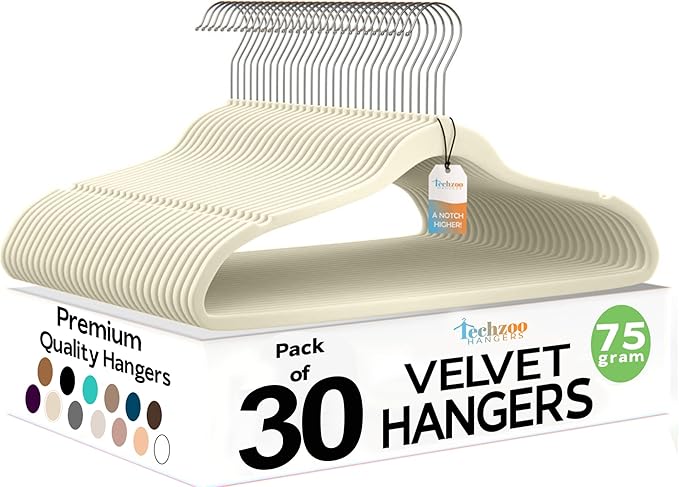 Premium Ivory Velvet Hangers 30 Pack – Space Saving Felt Hanger, Non Slip Clothes Hangers for Closet, Heavy Duty Hanger for Coats, Shirts & Pants, 360° Swivel Hook, Hold Up to 10lbs