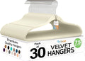Premium Ivory Velvet Hangers 30 Pack – Space Saving Felt Hanger, Non Slip Clothes Hangers for Closet, Heavy Duty Hanger for Coats, Shirts & Pants, 360° Swivel Hook, Hold Up to 10lbs
