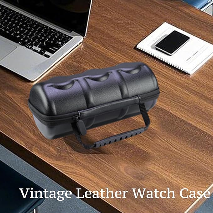 Juntan 3 Slots Hard Watch Travel Case, Portable PU Leather Zipper Storage Organizer Box for Men Women with Soft Compressible Foam Pillow Black