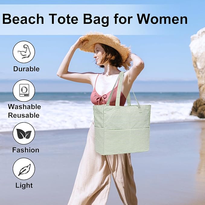 LEDAOU Large Beach Tote Bag Women Waterproof Sandproof Zipper Beach Tote Bag for Pool Gym Grocery Travel with Wet Pocket
