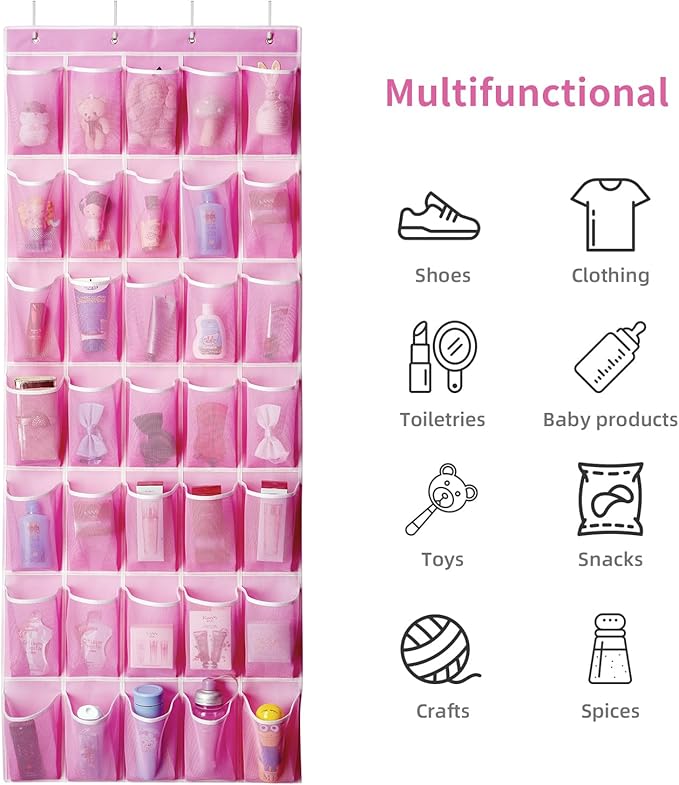 35 Pockets Over the Door Shoe Organizer, Hanging Shoe Organizer for Door with 35 Mesh Pockets Large Capacity Shoe Hanging Storage Bag with 4 Metal Hooks (Pink-1Pack)