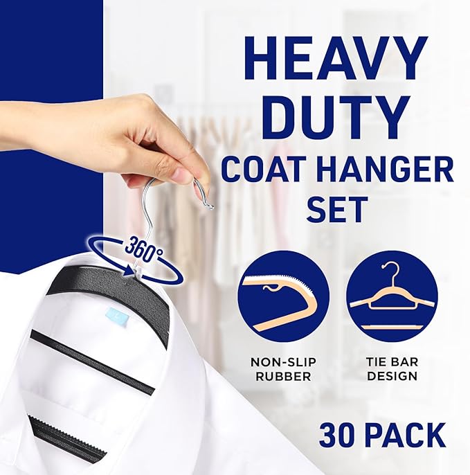 LifeMaster 30 Pcs. Dry Wet Clothes Hangers - Heavy Duty Coat Hanger Set with 360° Swivel Hook (Black) Non-Slip Rubber, Space-Saving, Frustration-Free Hanging, Accessory Tie Bar, Smart Strap Hooks