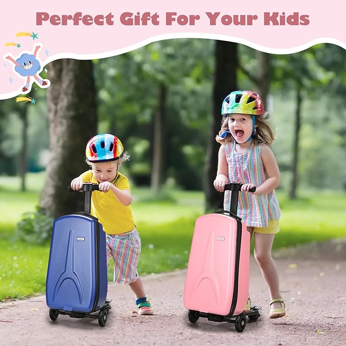 iubest Luggage Carry On Scooter Suitcase for Kids Age 4-15, Detachable & Foldable 4 in 1 Suitcase, Multifunctional Ride On Travel Trolley Scooter Combo-Pink
