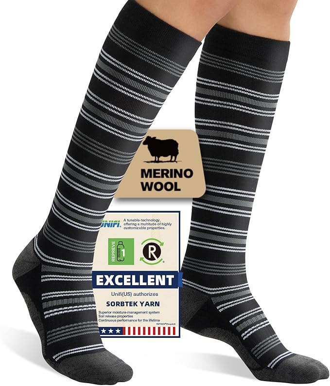 Merino Wool Compression Socks for Women Men, 15-20 mmHg Knee High Socks for Flying, Travel, Running