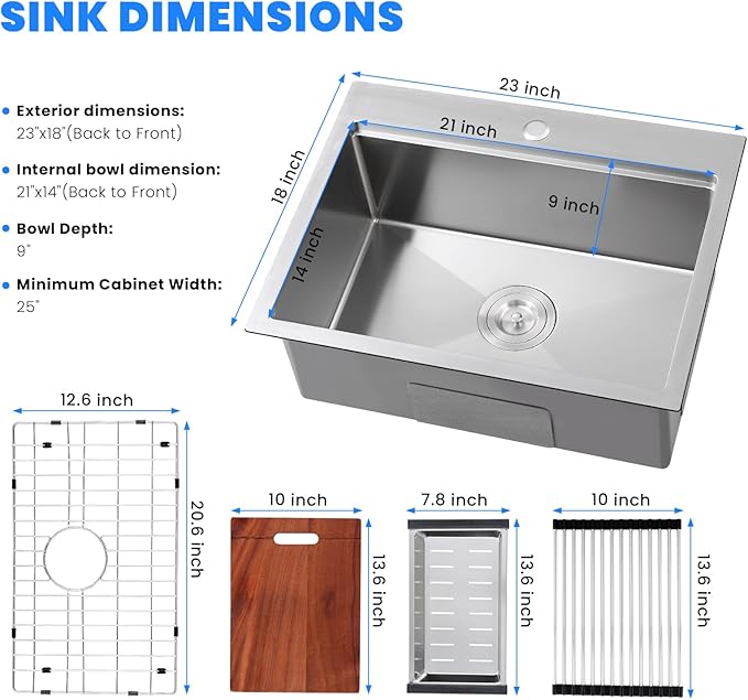 POPFLY 23×18 Inch Drop in Workstation Kitchen Sink, Handmade 18-Gauge 304 Stainless Steel Sinks Topmount 9-Inch Deep Single Bowl Modern Overmount Small Kitchen Sink with Cutting Board