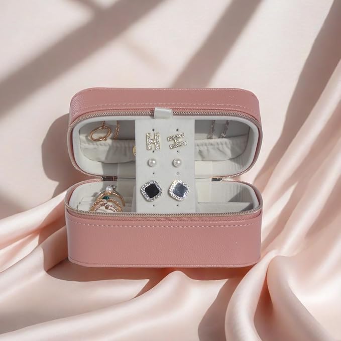 Travel Jewelry Case Bulk Of 2 For Women Weekend,Gold Zip, PU Leather Compact Jewelry Organizer For Earring Bracelets Pink Travel Jewelry Box Set Perfect For Small Bridesmaid Jewelry Box Gift