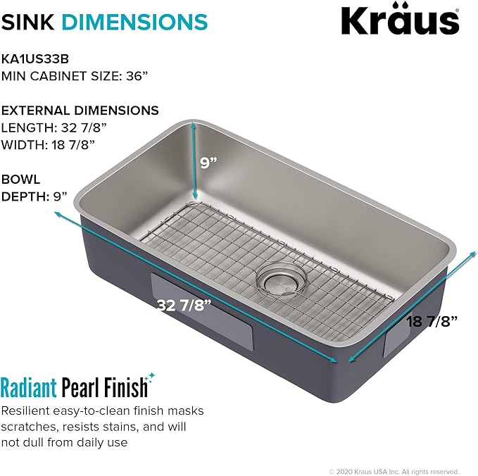 KRAUS Dex 33-inch Undermount 16 Gauge Stainless Steel Single Bowl Kitchen Sink, KA1US33B