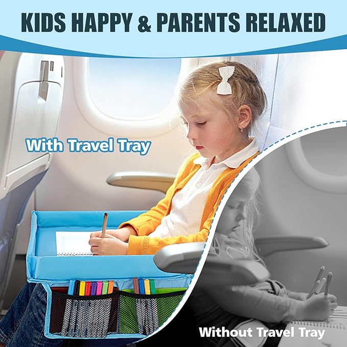 Children Auto Lap Pad - Travel Tray Tablet Holder，Car Seat Lap Tray for Toddlers, Kids，Use on Airplanes, Road Trips, Lap Desk，Tablet Holder and Carry Bag (Blue)