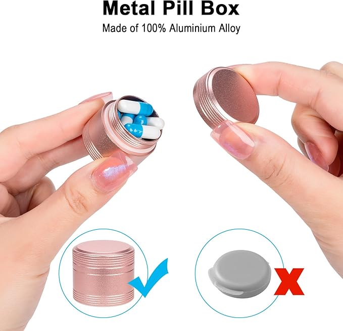 Portable Metal Pill Box Single Waterproof Pill Case for Daily - Pocket Purse Pill Container Medicine Organizer Holder for Vitamins Medication Fish Oils Pink