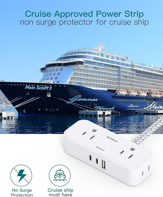 Travel Essentials, 6 Ft Power Strip with 4 Outlets and 3 USB Ports(2 USB C), Addtam Flat Plug Small Extension Cord,Non Surge Protector for Cruise Ship, Travel, Dorm Room Essentials, ETL Listed, White