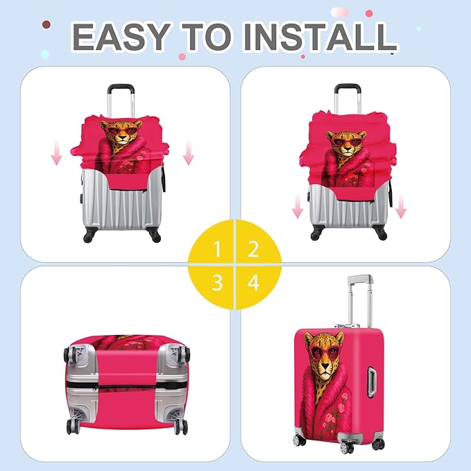 ANNA QUEEN Fashionable Leopard Luggage Cover, Leopard in Pink Coat and Sunglasses, Stretchable, Washable Travel Sleeve for 24-26 Inch Luggage