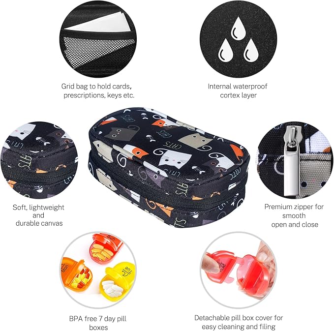 Serfeymi Weekly Travel Pill Organizer 2 Times A Day AM PM Upgraded Rainbow Pill Box 7 Day with Portable Zipper Canvas Pill Case, Medicine Organizer for Pills, Vitamins, Fish Oils - Black 02