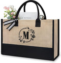 TOPDesign Personalized Initial Jute/Canvas Beach Bag, Monogrammed Gift Tote Bag for Women