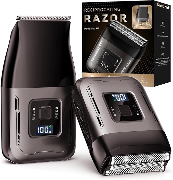 Foil Shavers for Men, High Speed Double Floating Blades Electric Razor, IPX6 Waterproof Dry/Wet, Adjustable Speed Electric Shaver with LED Display Charcoal