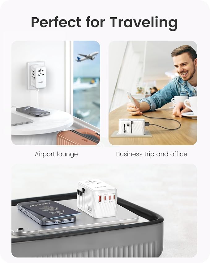 LENCENT 140W Universal Travel Adapter, International Plug Adaptor, GaN Fast Charger with 3 PD3.1 Type C+1 QC USB A, All in One Travel Essentials, Worldwide Plug Adapter for USA/UK/EU/AU, White