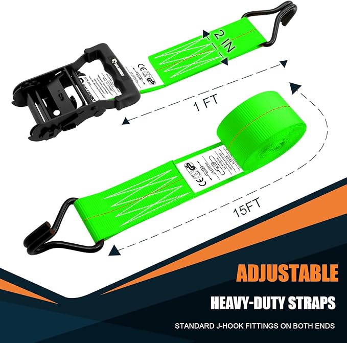 6 Pack 2 inch Ratchet Straps Heavy Duty J Hook 2 in x 15ft with Strong Ratcheting, Cargo Load Tie Down Strap 2200lbs Working Load for Trucks Green