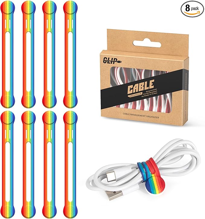 Kanemc Magnetic Cable Tie, 4.72'' Cord Ties Magnet Cable Straps Cord Wrap For Travel Phone USB Charging Cable Management Whiteboard Markers (8Pcs, Rainbow Color)