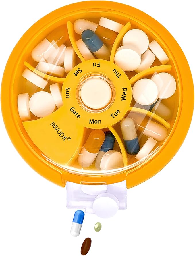 INVODA Weekly Pill Organizer 7 Compartment Rotating Pill Box for Daily Medication & Vitamins - Portable Travel Pill Case Fish Oil Supplements Vitamins Organizer (Orange+Bag)