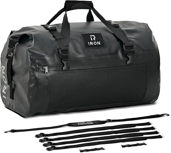 IRON JIA'S Motorcycle Dry Bag - Waterproof Duffle & Luggage Tail Bag Saddle Bags with Roll Top Closure, Shoulder Straps, Inner Pocket and Mesh Pocket (Black, 70L)