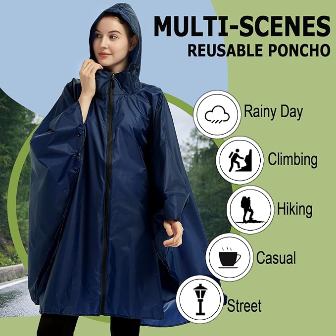 Rain Poncho Jacket Coat Hooded Zipper Style for Women/Men/Adult with Pocket