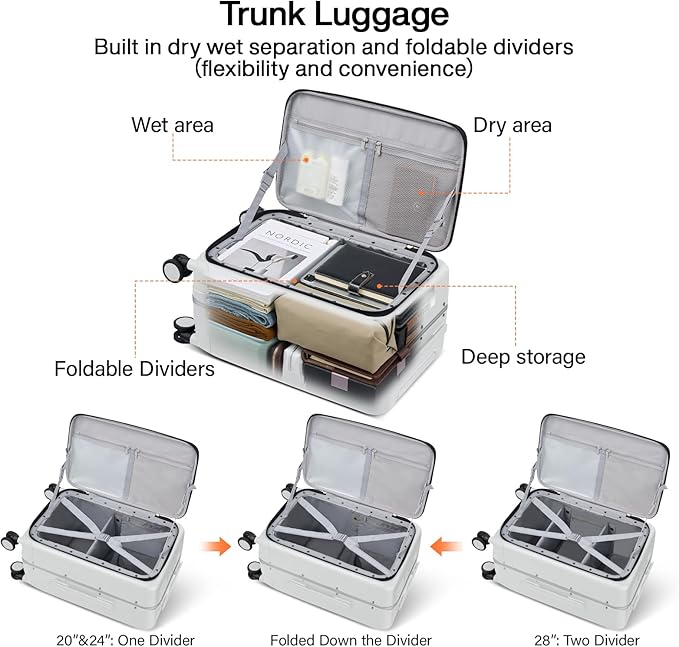 Hanke 24 Inch Luggage with Cup Holder and Charge,Top Opening Hard Shell Suitcases with Wheels and Dividers,Aluminum Frame Trunk Luggage Medium Checked Suitcase with Lock for Travel,Smoke White