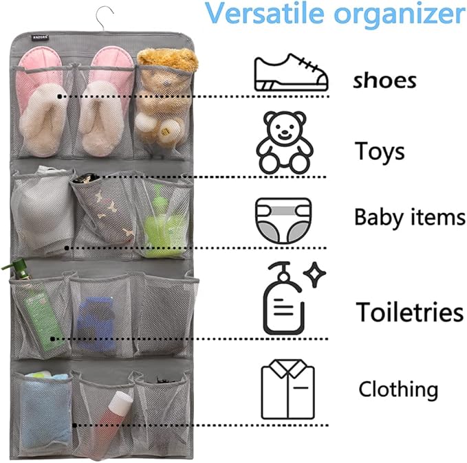 Dual Sided Hanging Shoe Organizer for Closet with Rotating Hanger Hanging Shoe Rack Holder with 24 Large Pockets (Grey-Mesh Pockets)