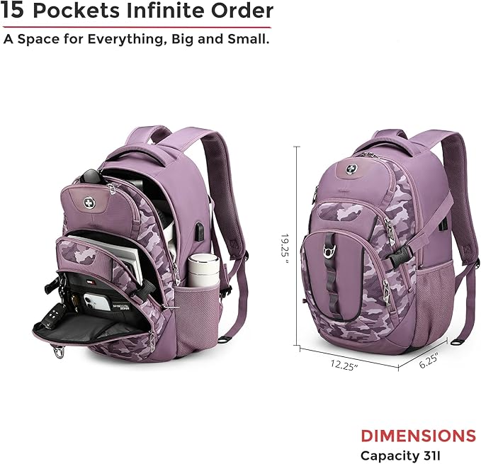 Swissdigital Design Laptop Backpack with USB Charging Port, Travel Backpack Fits 15.6 inches Computer, 31L College School Backpack for Men, Pink Camo | SD803
