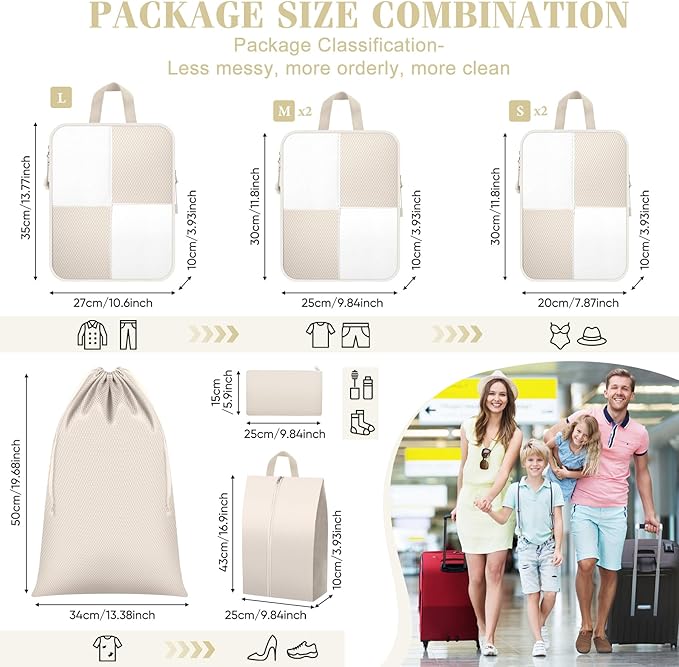 8 Set Compression Packing Cubes Travel, Lightweight Expandable Travel Cubes Suitcase Organizer for Carry On Luggage Suitcase, Beige