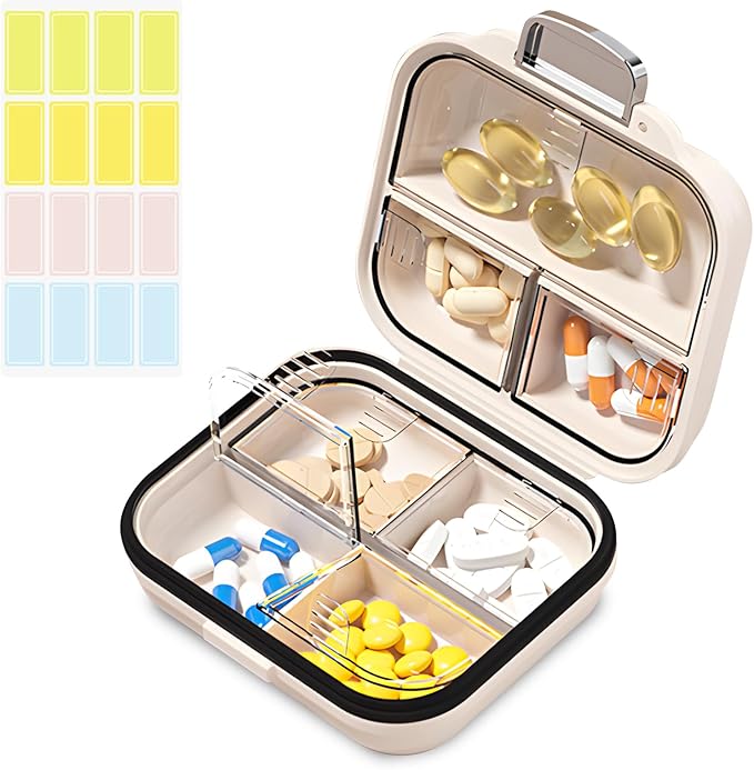 Travel Pill Organizer Box with Labels, 7 Compartments Portable Mini Pill Case, Daily Medication Organizer Storage Pill Container for Pocket Pharmacy(Pearly White, S)