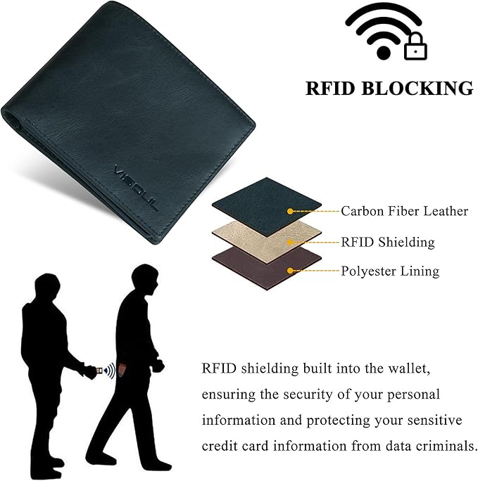 VISOUL Mens Bifold Leather RFID Blocking Wallet with 2 ID Windows, Soft Genuine Leather Card Holder Wallet with 2 Cash Compartments for Men (Dark Blue)