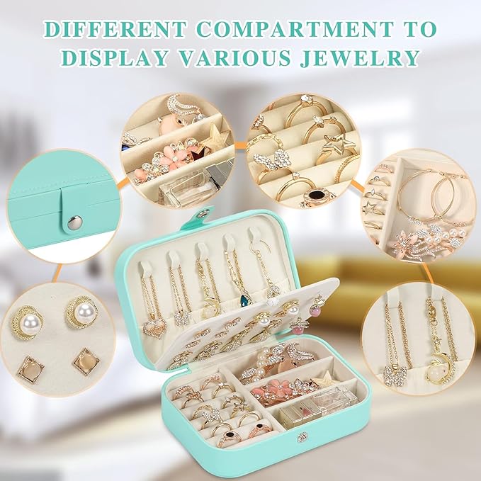 Travel Jewelry Box, PU leather Small Jewelry Organizer For Female Girls, double layer portable mini travel case for storing earrings, rings, necklaces.(green 2pcs)